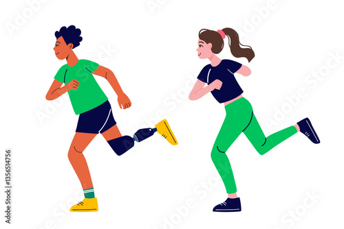 Man with prosthesis and woman with amputated arm running. Healthy lifestyle concept.