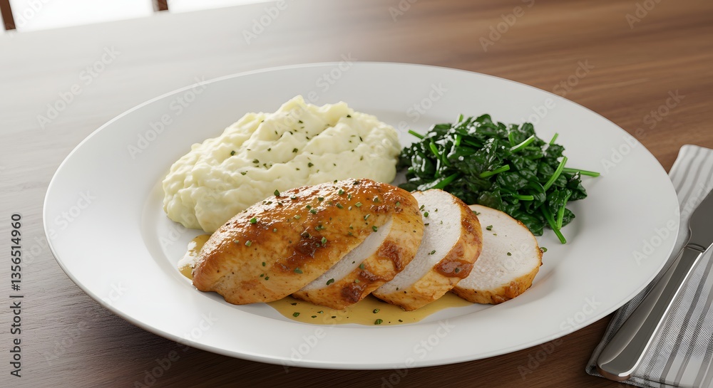 Elegant plated dinner with roasted chicken, mashed potatoes and sauteed spinach Elegant plated dinner with roasted chicken, mashed potatoes and sauteed spinach