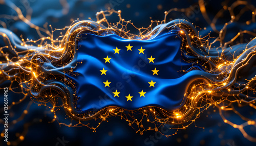 European Union flag with digital energy waves, technology concept