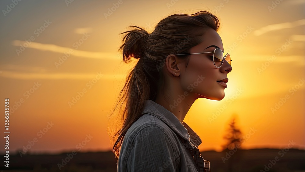 Silhouette of a person with a bun hairstyle and glasses looking towards a radiant orange sunset Silhouette of a person with a bun hairstyle and glasses looking towards a radiant orange sunset