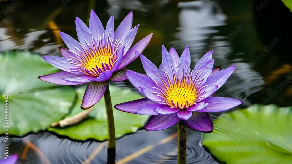 Vibrant purple lotus flowers bloom in a serene pond during a sunny afternoon in a tranquil garden