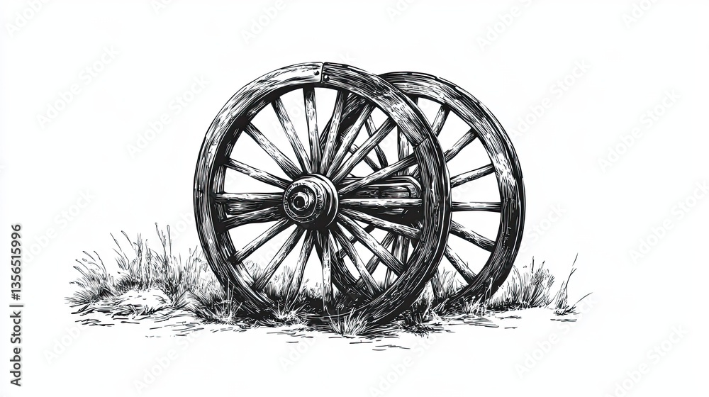 Fototapeta premium Sketch engraving of two vintage wooden wagon wheels lying on grass isolated on white background in rustic style