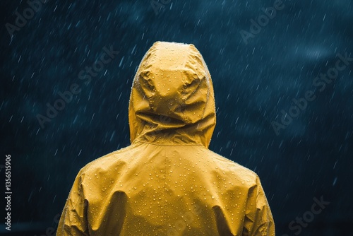 Person in yellow raincoat standing in the pouring rain observing weather