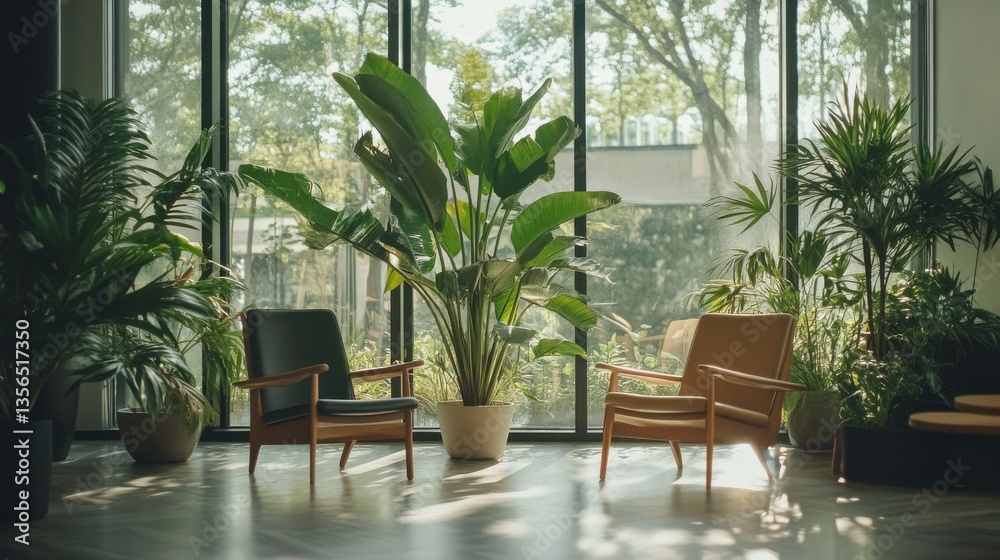 Fototapeta premium Cozy Indoor Space with Modern Chairs and Lush Green Plants