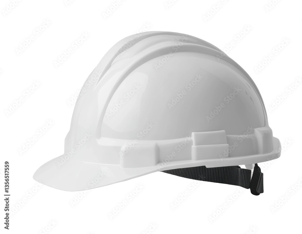 White construction hard hat on white background with chin strap highlighted, cut out White construction hard hat on white background with chin strap highlighted, cut out