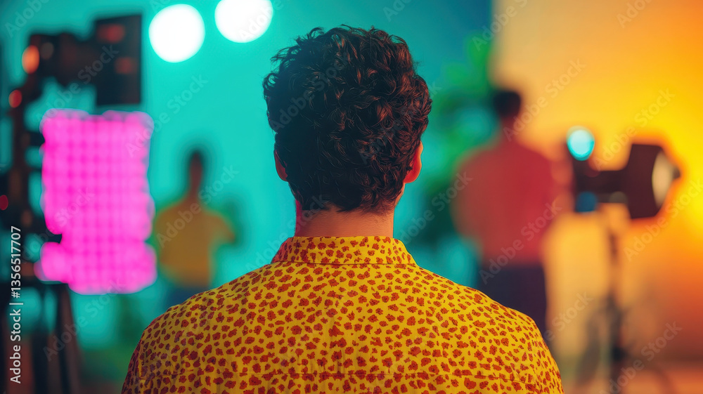 Bright colors and vibrant lighting create energetic atmosphere as person in patterned shirt observes film set