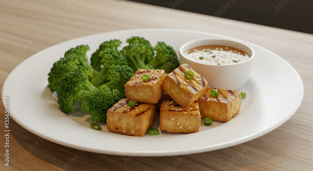 A Culinary Delight: Grilled Tofu Cubes with Fresh Broccoli and Dipping Sauce A Culinary Delight: Grilled Tofu Cubes with Fresh Broccoli and Dipping Sauce
