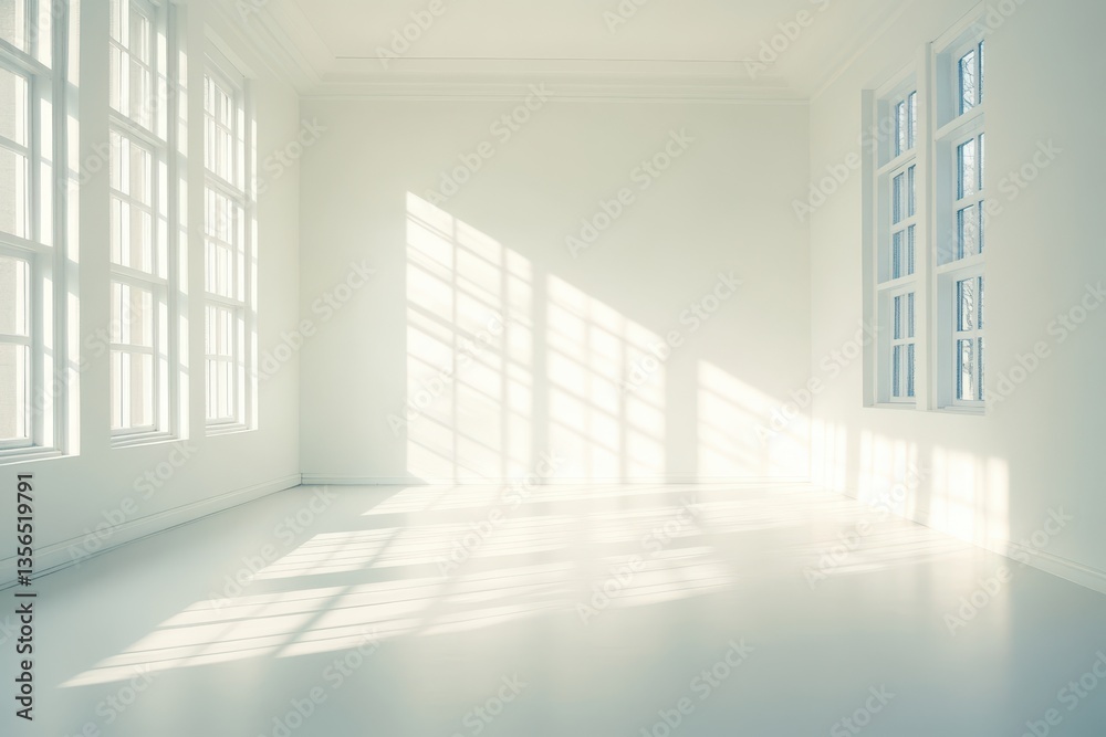 Fototapeta premium A bright, empty white room with soft lighting and subtle shadows, 