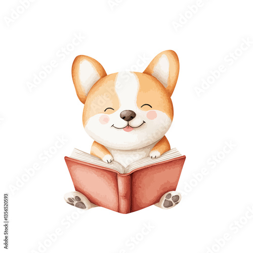 Literary Corgi: a charming, happy corgi is engrossed in a book, embodying a love for learning and the joy of reading. 