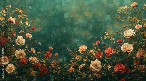 Romantic Vintage Floral Arrangement: Peach, Red and Cream Roses on Green Background
