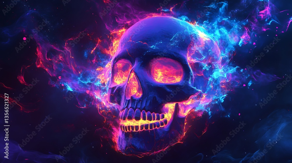 Pixelated skull engulfed in vibrant digital flames of neon blues and purples, retro arcade-inspired pixel art style, dark digital void background, dynamic colorful illumination, Pixelated skull engulfed in vibrant digital flames of neon blues and purples, retro arcade-inspired pixel art style, dark digital void background, dynamic colorful illumination,