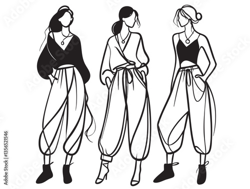 Stylish fashion models. Fashion girls Sketch. Woman in pants and in moccasins. Casual sport style