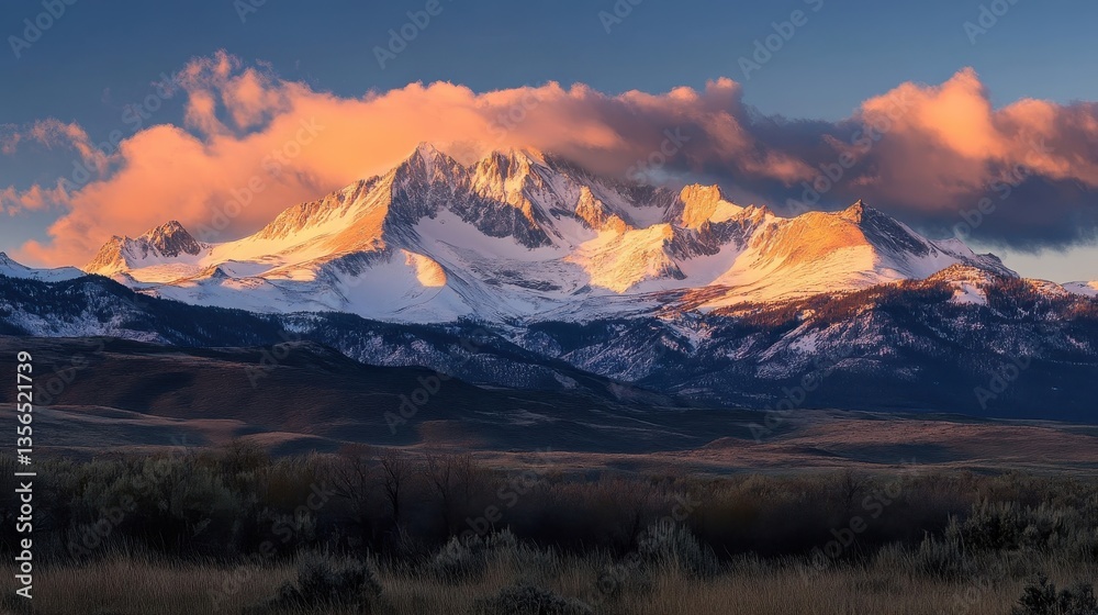 Obraz premium Snowy Mountain Peaks Illuminated By Morning Or Evening Sunlight