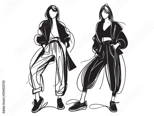 Stylish fashion models. Fashion girls Sketch. Woman in pants and in moccasins. Casual sport style