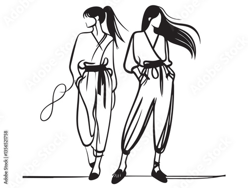 Stylish fashion models. Fashion girls Sketch. Woman in pants and in moccasins. Casual sport style