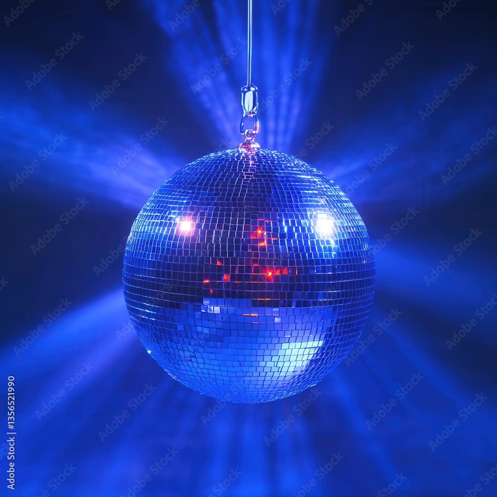 Obraz premium Sparkling disco ball casting vibrant blue light rays in a dark room creating a festive atmosphere for dancing and celebration