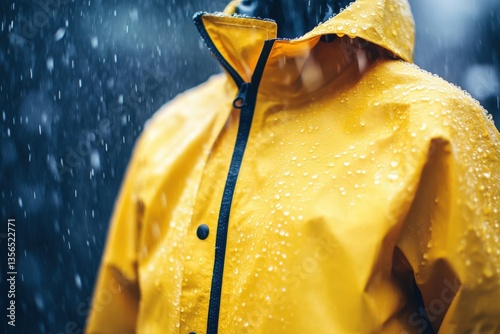 A person is wearing a bright yellow rain jacket in the downpour