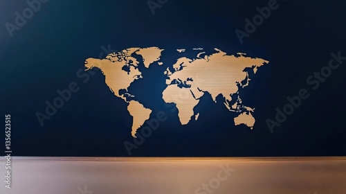 Fototapeta Naklejka Na Ścianę i Meble -  Earth at night representing cityscapes and business connections concept. Elegant wooden world map on a dark wall, ideal for decor.