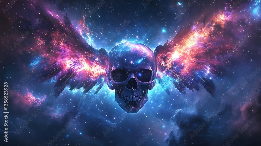 Skull with cosmic wings displaying stars and galaxies, celestial blues and purples, outer space background with nebulae, glowing ambient light effects, digital fantasy cosmic artwork style --ar 16:9