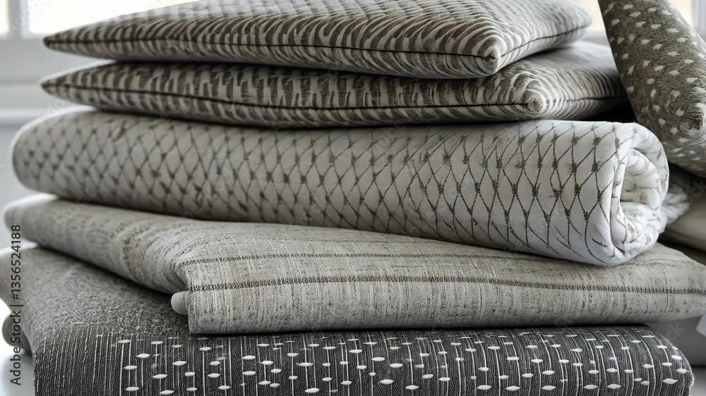 Cozy collection of elegantly patterned fabric rolls stacked in a bright indoor space Cozy collection of elegantly patterned fabric rolls stacked in a bright indoor space
