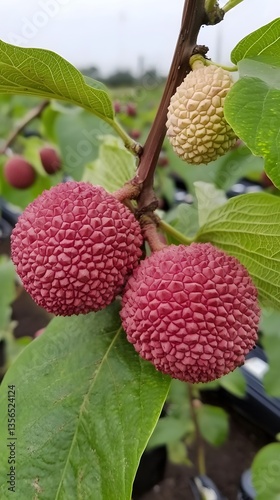 Vibrant Red and Beige Buttonbush Fruit Closeup on Green Leaves