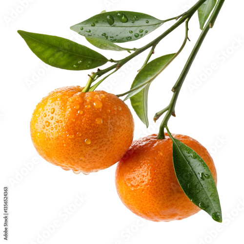 Two fresh mandarins on the branch with green leaves and water drops.
