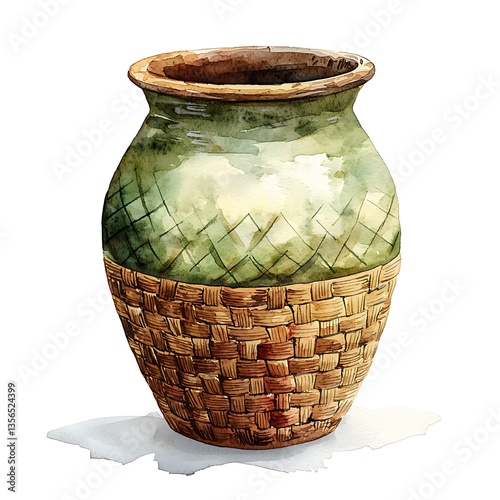 Hand-painted Watercolor Illustration of a Rustic Green and Brown Ceramic Jar with Woven Base.