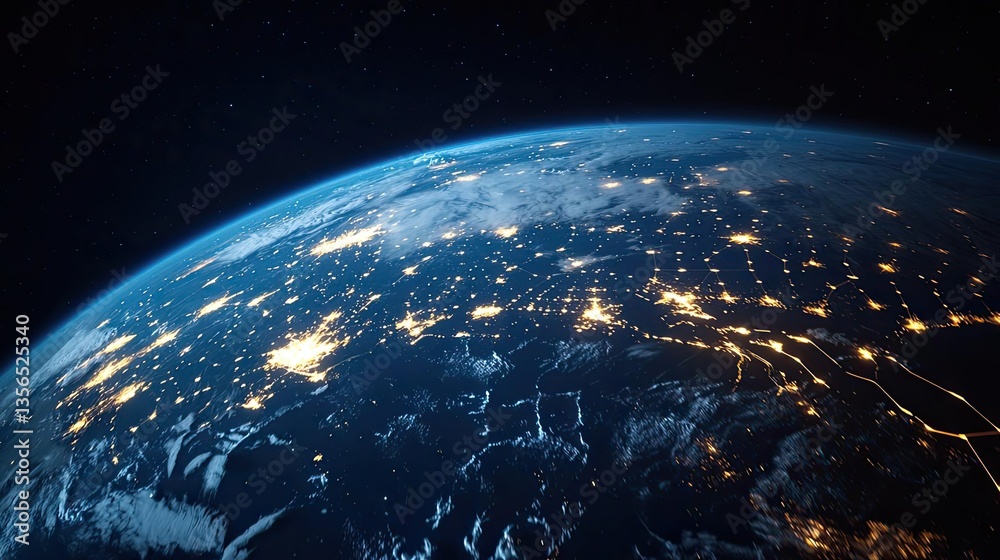 Fototapeta premium Earth at night highlighting world map and finance connections concept. A stunning view of Earth highlighting city lights at night.