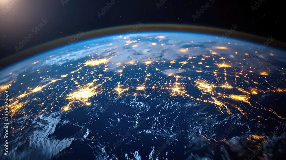Obraz premium Earth at night representing cityscapes and business connections concept. Earth from space showcasing city lights and natural landscapes.