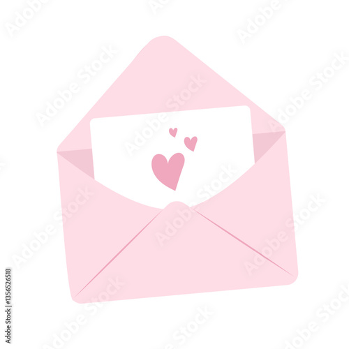 An open letter with hearts in a pink paper envelope. A love letter, a letter written with love