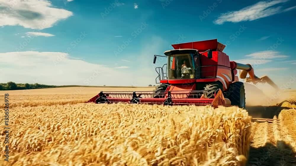 A low-angle video shot of a red combine harvester in a golden wheat field under a clear blue sky, capturing the essence of modern agriculture. Live desktop wallpaper.