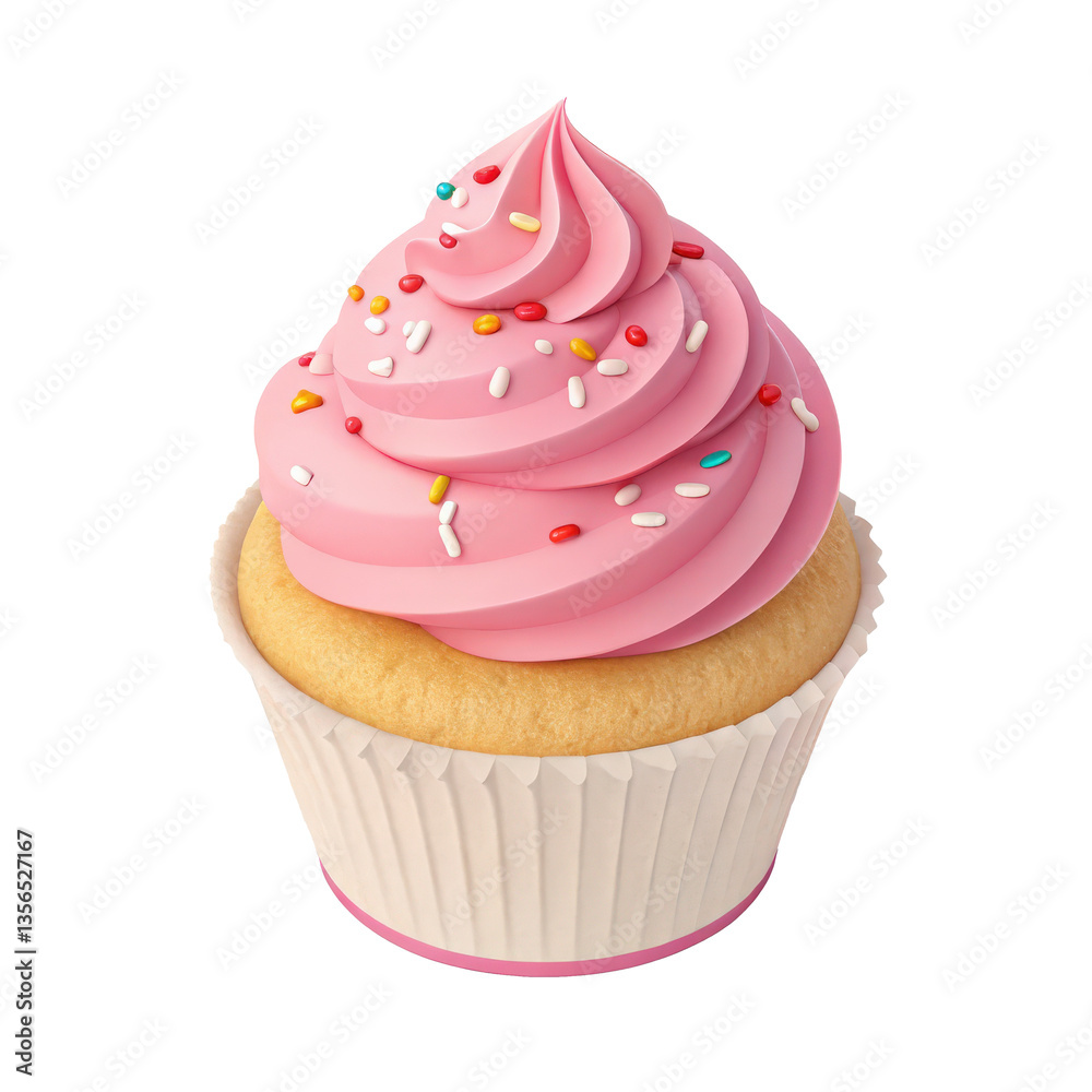 3D minimalistic cupcake icon features vanilla cupcake with pink frosting and colorful sprinkles, creating playful and appetizing look 3D minimalistic cupcake icon features vanilla cupcake with pink frosting and colorful sprinkles, creating playful and appetizing look