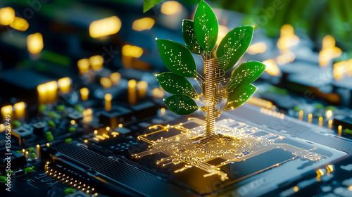 Futuristic Concept of Green Plant Growing on a Circuit Board Representing Digital Nature Integration