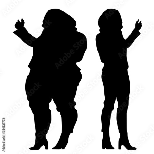 Conceptual fat overweight obese female vs slim fit healthy body after weight loss or diet on white background. A  fitness, nutrition or obesity, health shape illustration vector as silhouettes
