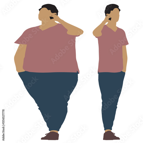 Conceptual fat overweight obese man vs slim fit healthy body after weight loss or diet, white background. A  fitness, nutrition or obesity, health care shape illustration vector as silhouettes