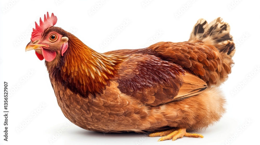 Fototapeta premium Captivating close up of a brown hen resting peacefully on a white background showcasing its plumage and features in detail for stock photography