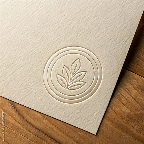 Close up of a paper with an embossed circular logo featuring a stylized leaf design centered inside