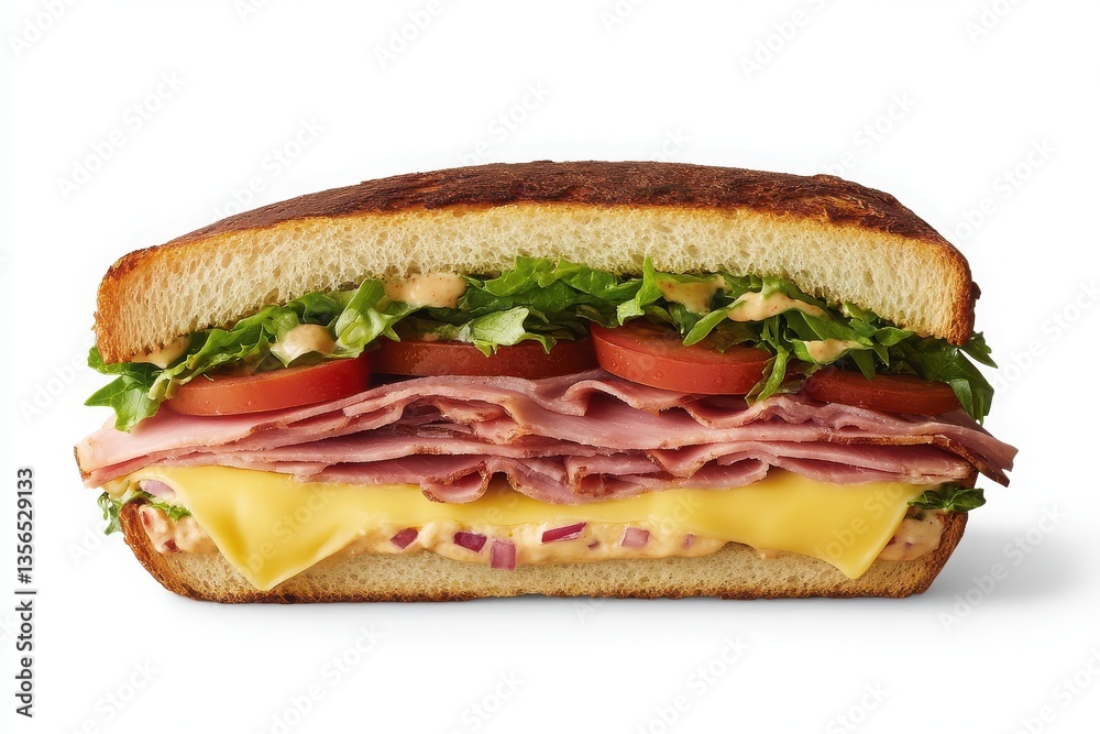 A close up shot of a sandwich with ham cheese lettuce and tomatoes on a white background A close up shot of a sandwich with ham cheese lettuce and tomatoes on a white background