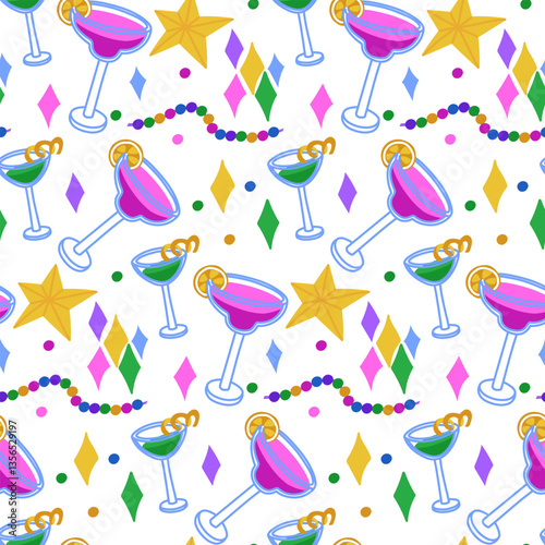 pattern with festive accessories for Mardi Gras. Cocktail, star, beads, confetti. Suitable for decorating materials, advertising campaigns and products related to the Mardi Gras holiday, Seamless