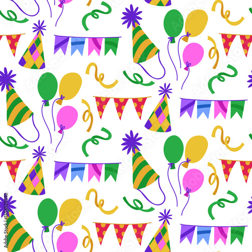 Pattern balls, flags, confetti. seamless festive texture is designed in flat style. suitable materials for decorating parties, holidays, advertisements and products related to various celebrations