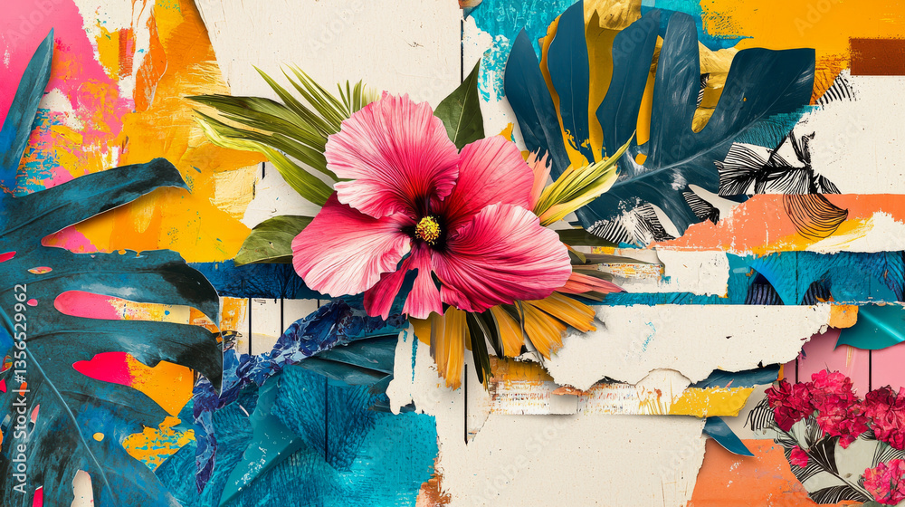 Obraz premium Abstract collage with tropical leaves and pink hibiscus. concept of vibrant creativity, botanical inspiration, colorful art, eclectic design. background