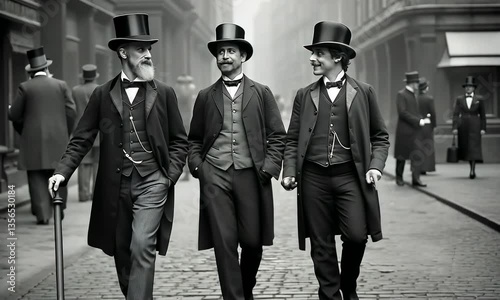Rich English men talking on street, 1880th fashion, vintage 