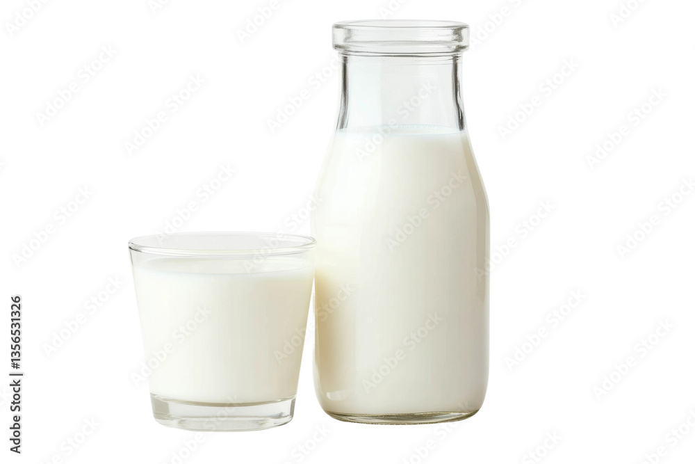Glass and bottle of fresh milk on white background, cut out