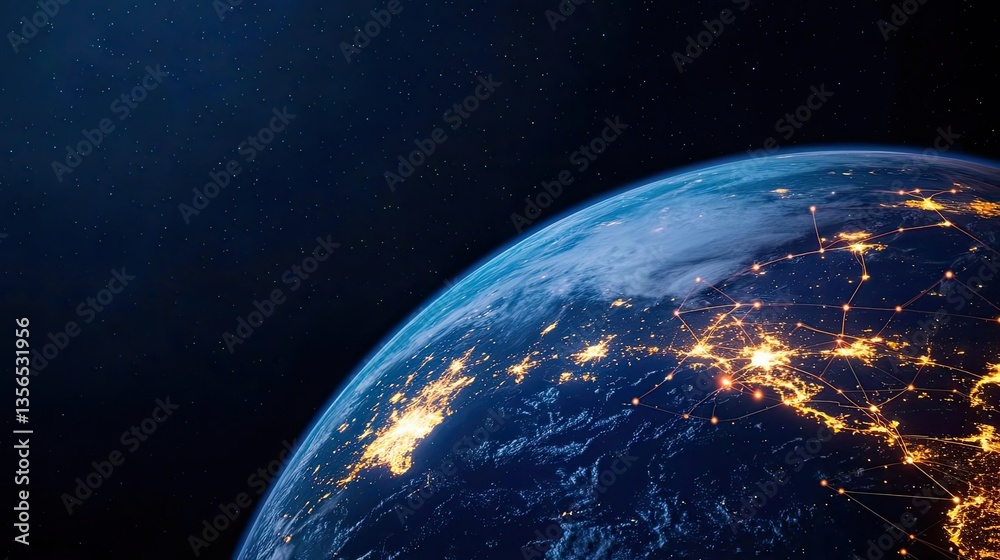 Obraz premium Earth at night representing cityscapes and business connections concept. A stunning view of Earth from space, showcasing vibrant cities.