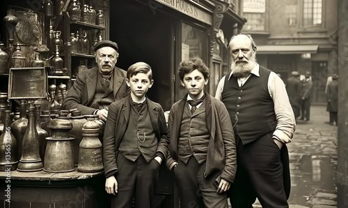 Tree generation of business owner, shop owner and his family, 1880th fashion, vintage 