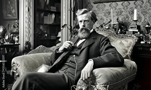 Rich man aristocracy, banker, businessman sits in chair in drawing room, 1890. 