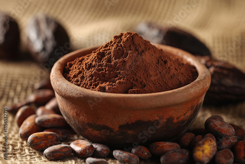 Brown cocoa powder in a rustic bowl, surrounded by cocoa beans on burlap, showcasing the natural origin of chocolate, ideal for food or beverage product displays