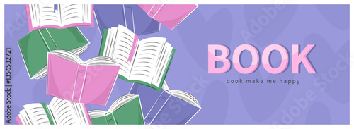 Banner for bookstore, festival, market, bookshop or library. Background with collection of different books. Vector illustration for poster, cover, marketing, sale.