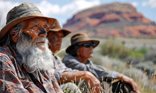 Australian  tribe people are praying in prefix, next to the secret mountain 