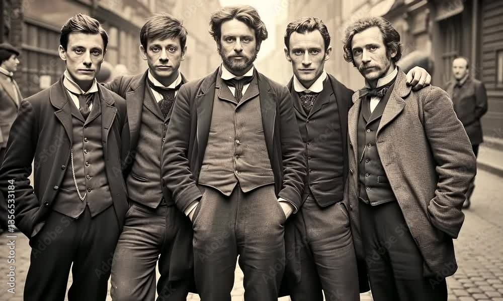 Rich English men walking on street, 1880th fashion, vintage 